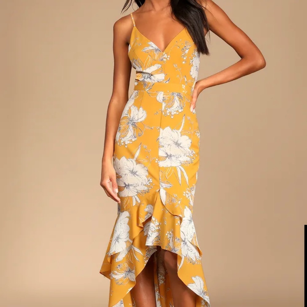 Lulus Mustard Yellow Floral Dress - Gem